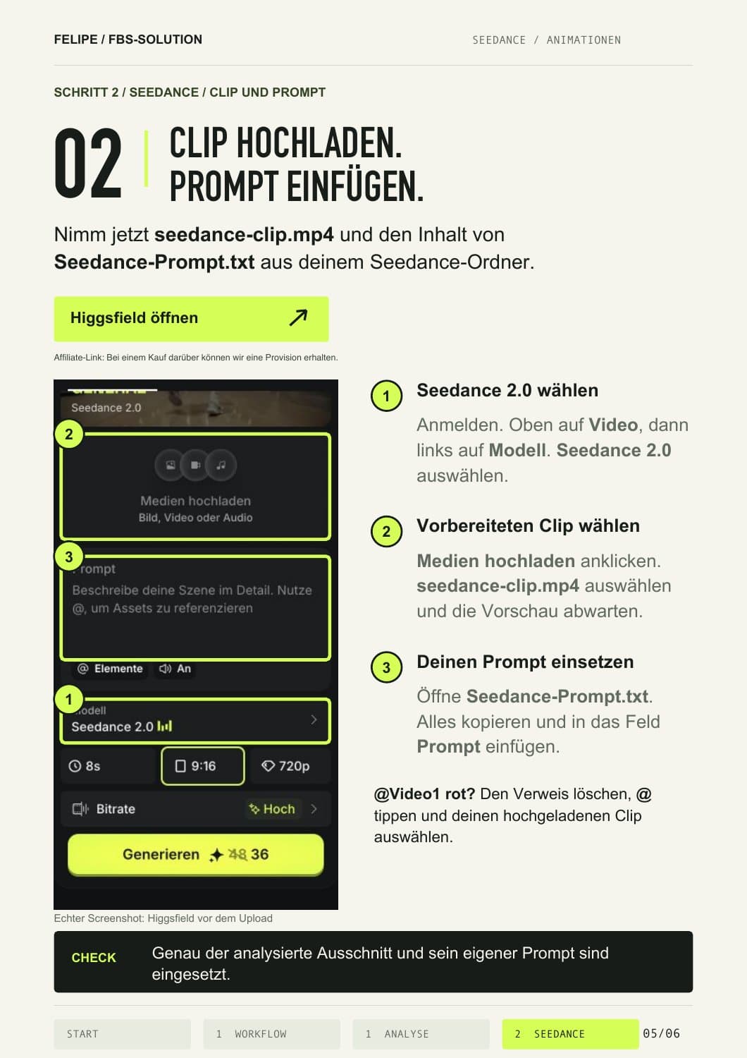 Guide-Seite 5: Seedance auswählen, Clip hochladen, Prompt einsetzen