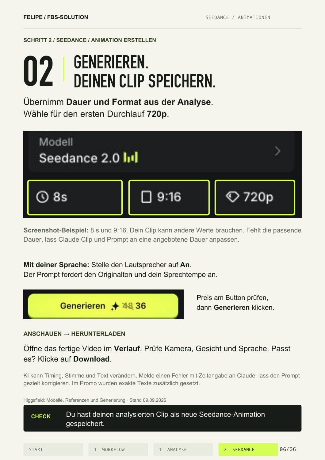 Guide-Seite 6: Format, Dauer und Ton prüfen, dann generieren